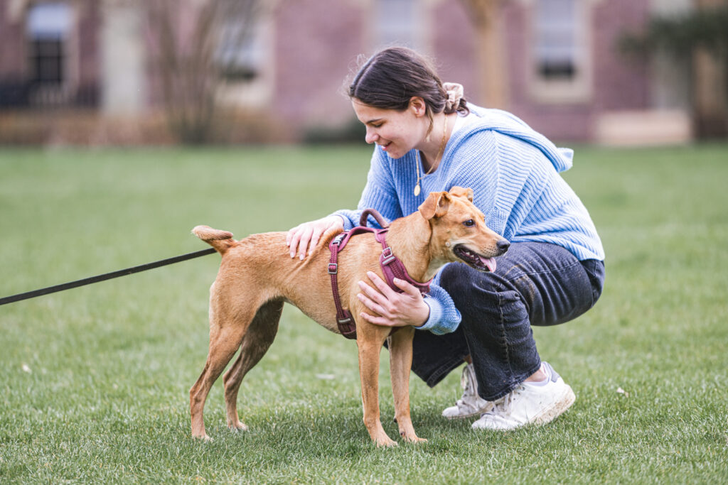 A student crouches to cradle her dog on the quad of Lafayette College's Campus. 