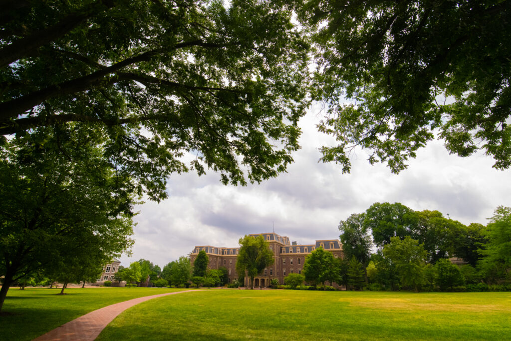 Wide shot of the Lafayette College Quad and Pardee Hall on a cloudy day. 