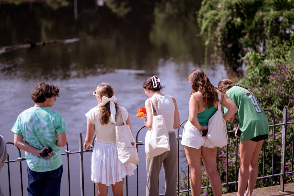 From behind, five people look out over a river.