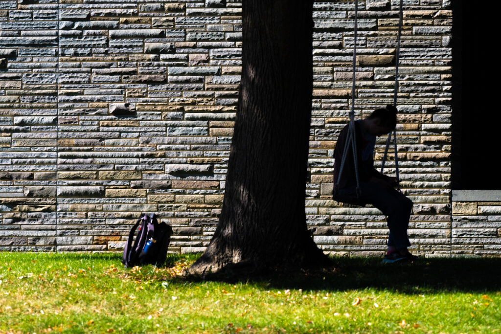 A side view silhouette of a person on a swing.