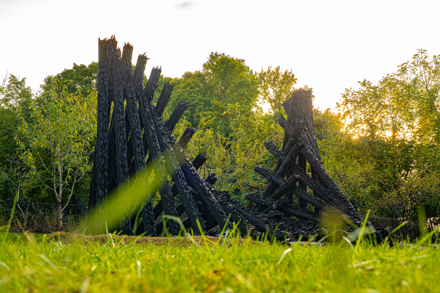 A rigid wave like structure made of recycled car tires is seen at sunset in a grassy meadow with green trees rising behind it. 