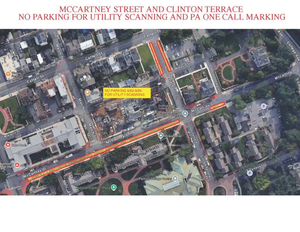 A map is shown with highlighted areas along McCartney Street and Clinton Terrace where no parking will be allowed during while utility scanning is taking place. Text reads McCartney Street and Clinton Terrace No Parking for Utility Scanning and PA One Call Marking. 9/22-9/28