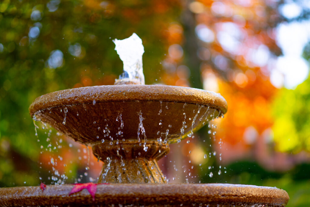 A red leaf sits on a fountain of water.