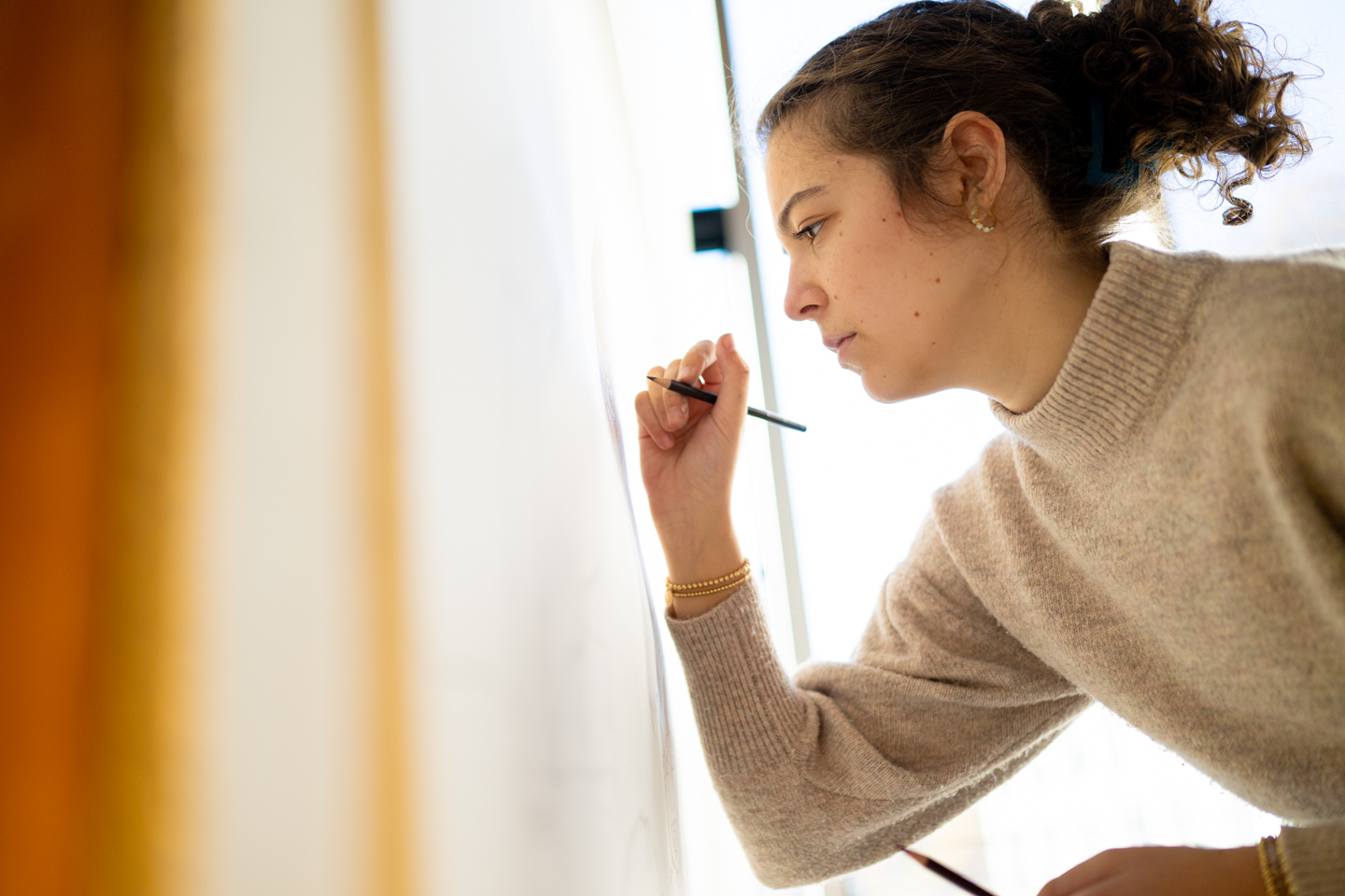 A student, seen in profile, delicately paints details into a scene. 