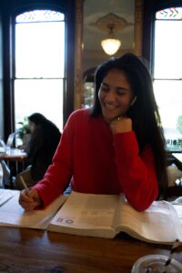 Alexa Jindal ‘25, English major, studies at ThreeBirds Coffee House in Downtown Easton.