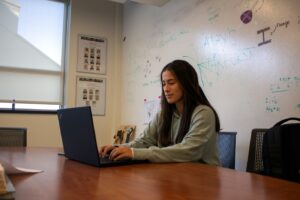 Ani Khachadourian ‘25, Civil Engineering major, studies inside Acopian Engineering Center.