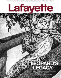 Fall 2024 cover of Lafayette magazine features a black and white image of the Leopard mascot with the words Leopard's Legacy