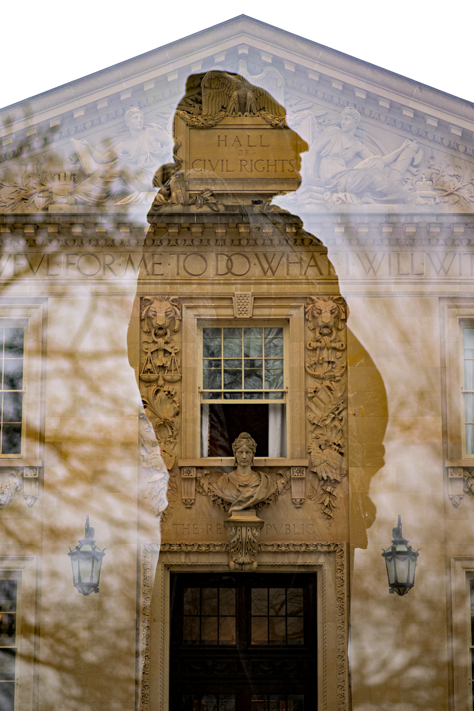 A double exposure silouhette of the Marquis du Lafayette, in profile, in front of the Kirby Hall Of Civil Rights, a Greek Revival styled building. 