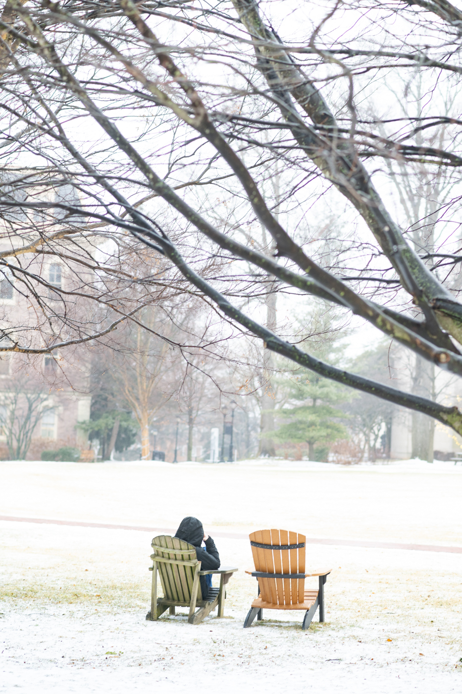 A person is seated in an adirondack chair next to an empty adirondack chair. Their is a tree on the right side of the frame in the foreground. There is snow on the ground. 