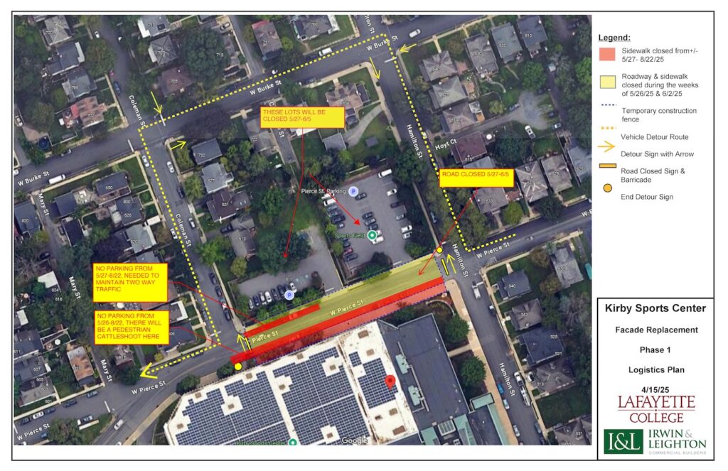 An aerial view of the Allan P. Kirby Sports Center May-Aug. 2025 construction. Yellow boxes note the closure of Pierce Street, and parking and pedestrian restrictions.