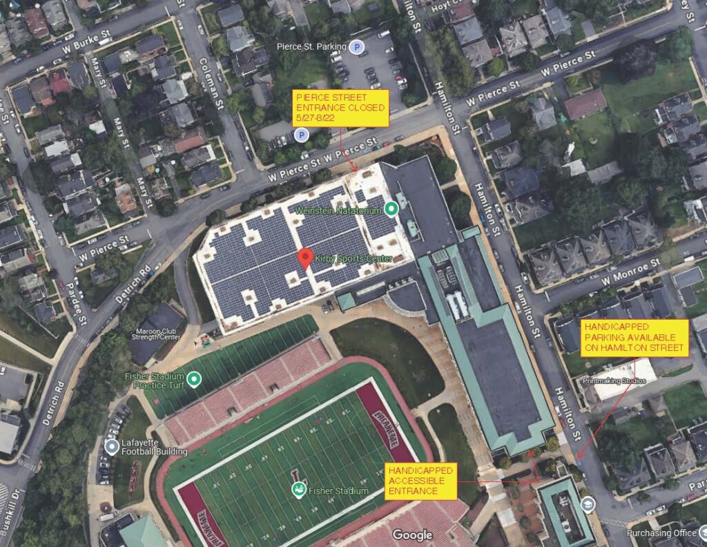 An aerial image of Kirby Sports Center shows the May-Aug. 2025 construction. Yellow boxes note the Pierce Street entrance closure of Kirby Sports Center, the temporary ADA parking spaces, and ADA entrance.