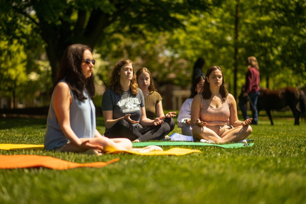 Students sit on yoga mats on the Quad during a yoga session.
