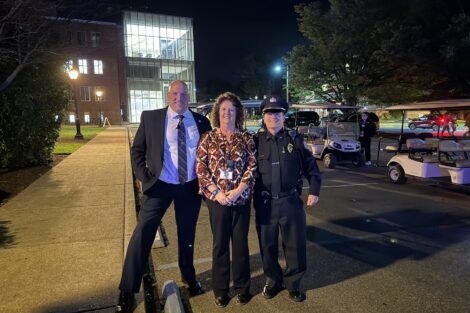 Jeff Troxell, director of public safety, Sandra Rogers, assistant director, Chief Jim Meyer, associate director and chief of police, are pictured outside during Bicentennial Kickoff.