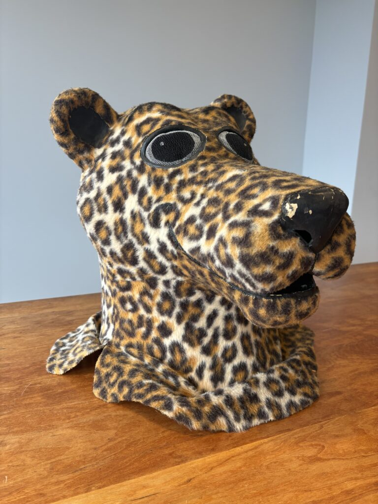 A former head of the Leopard mascot costume is shown on a table.