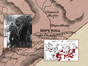 A sepia toned map with two inset photos. The first, a black and white image, shows an older man in front of a dwelling. The other inset photo shows the outline of the state of Pennsylvania with red and gray dots.