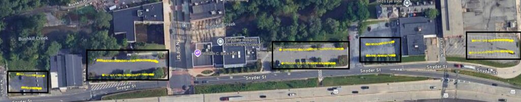Aerial map of the Arts campus that uses yellow lines to indicate additional lots for students to park.