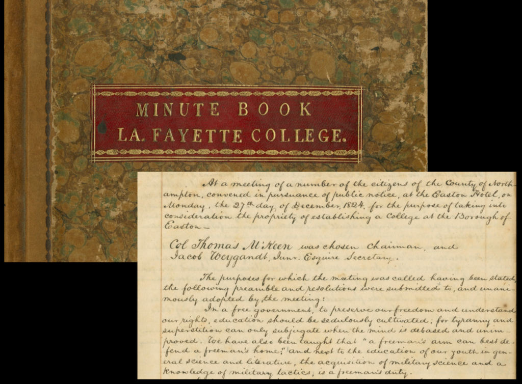 The cover of the Lafayette College Minute Book (Board of Trustees) is shown, along with a