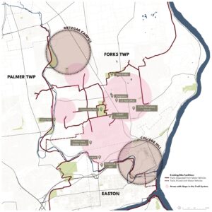 A map of the Easton area uses pink shaded circle to indicate gaps in the trails around the Easton area.