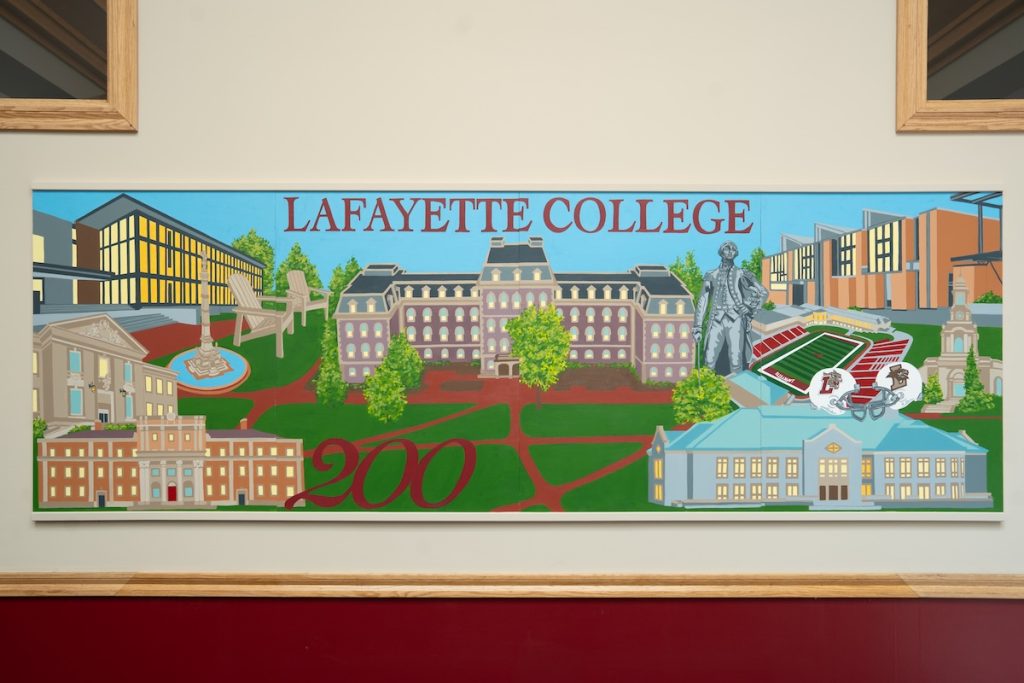 A painted mural depicting Lafayette scenes is hung outside Farinon